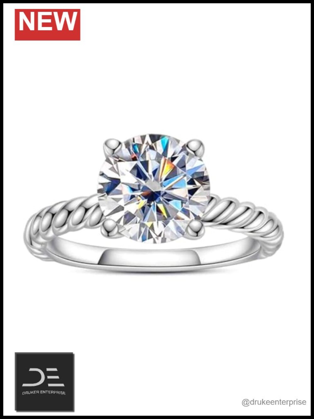 2ct Moissanite Promise Ring D Color VVS1 925 Sterling Silver Solitaire Rope